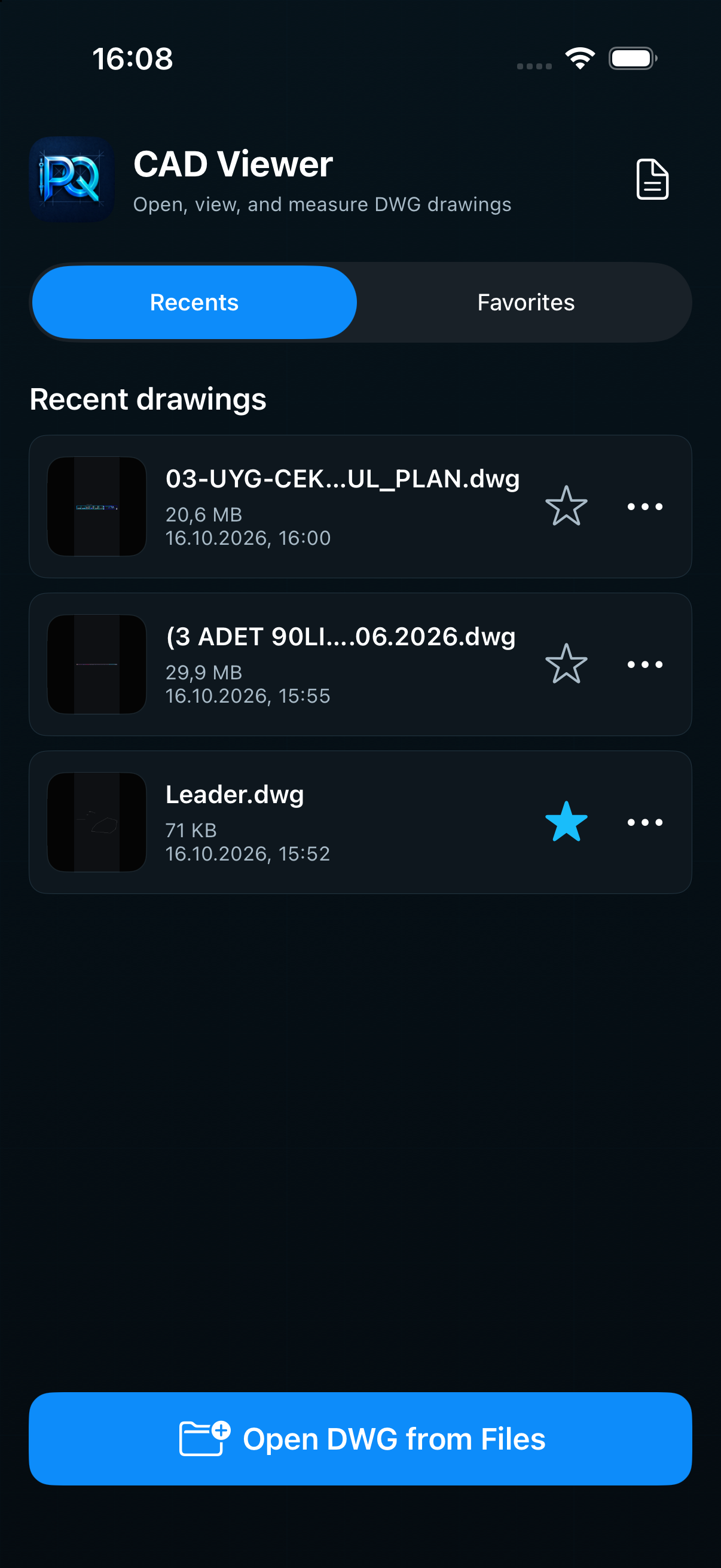 Son DWG çizimleri ve favoriler ekranı